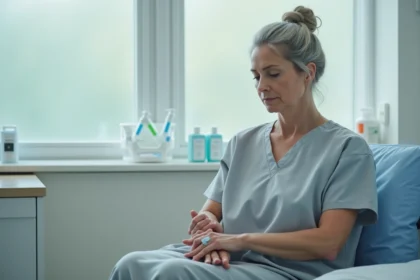 Femme d'âge moyen assise dans un cabinet médical après une prise de sang, illustrant un bilan hématologique lié au TCMH bas
