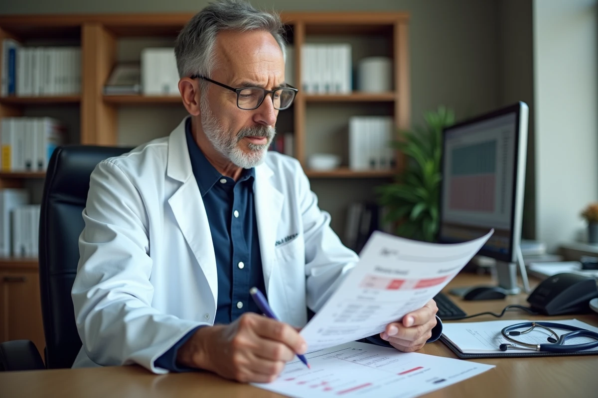 Médecin hématologue analysant des résultats d'analyse sanguine montrant un TCMH bas dans un contexte de bilan oncologique