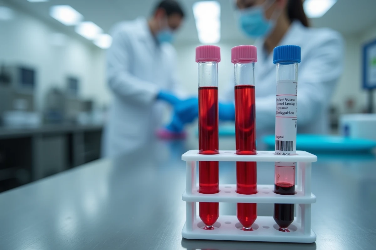 Tubes de prélèvement sanguin en laboratoire d'hématologie pour analyse du TCMH dans le cadre d'un bilan cancer