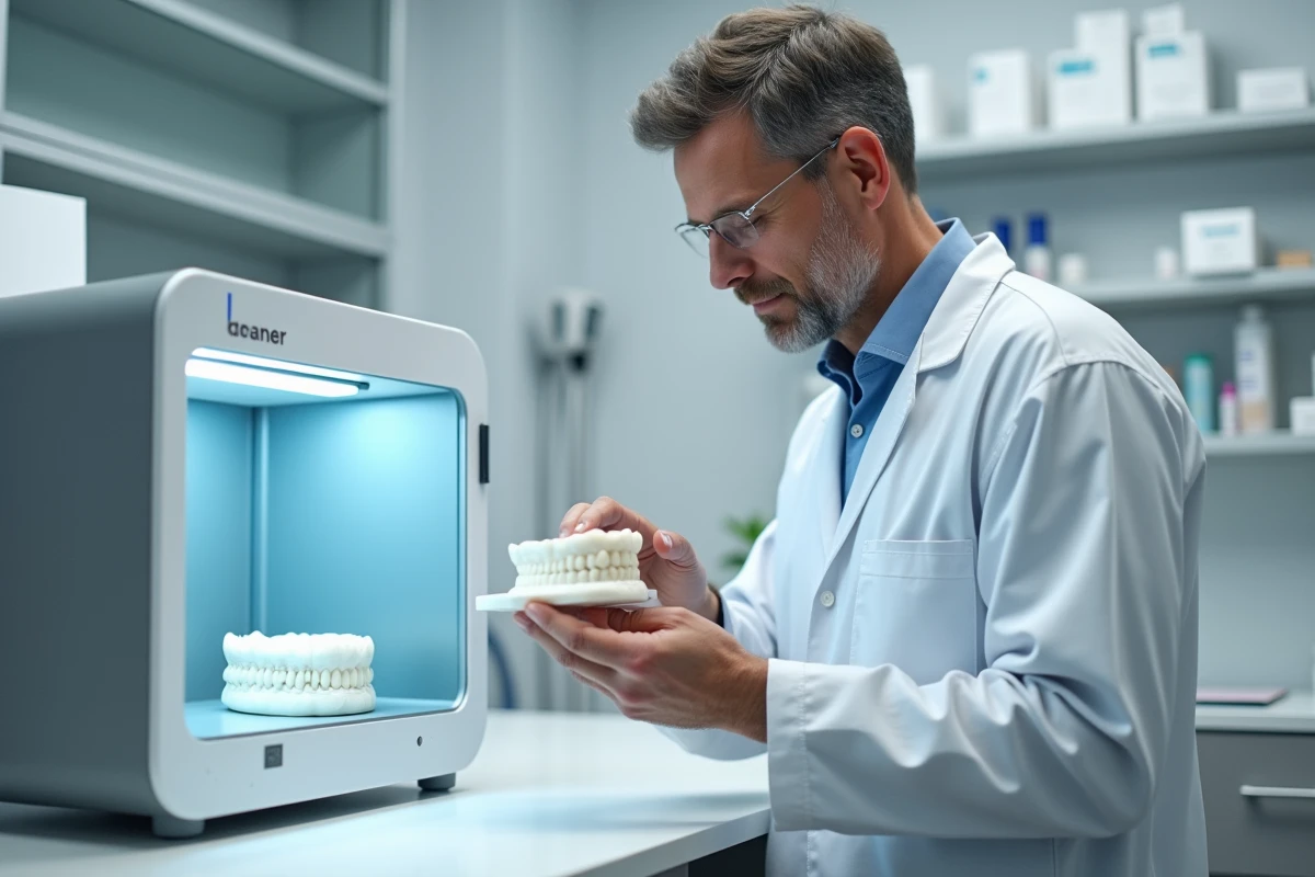 Technicien dentaire en laboratoire avec imprimante 3D moderne