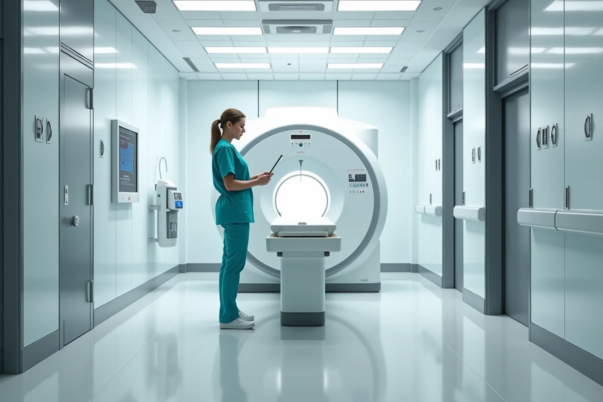 Technicienne en neuroimagerie supervisant un examen IRM cérébral dans une salle d'imagerie médicale moderne et stérile