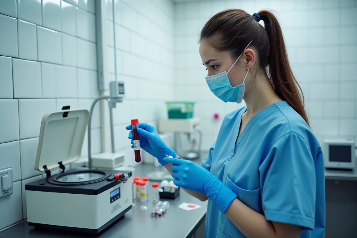 Technicienne de laboratoire manipulant un échantillon sanguin pour l'analyse des enzymes hépatiques et gamma GT