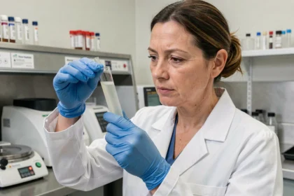 Technicienne de laboratoire tenant un tube de sérum opalescent lipémique pour analyse du bilan lipidique