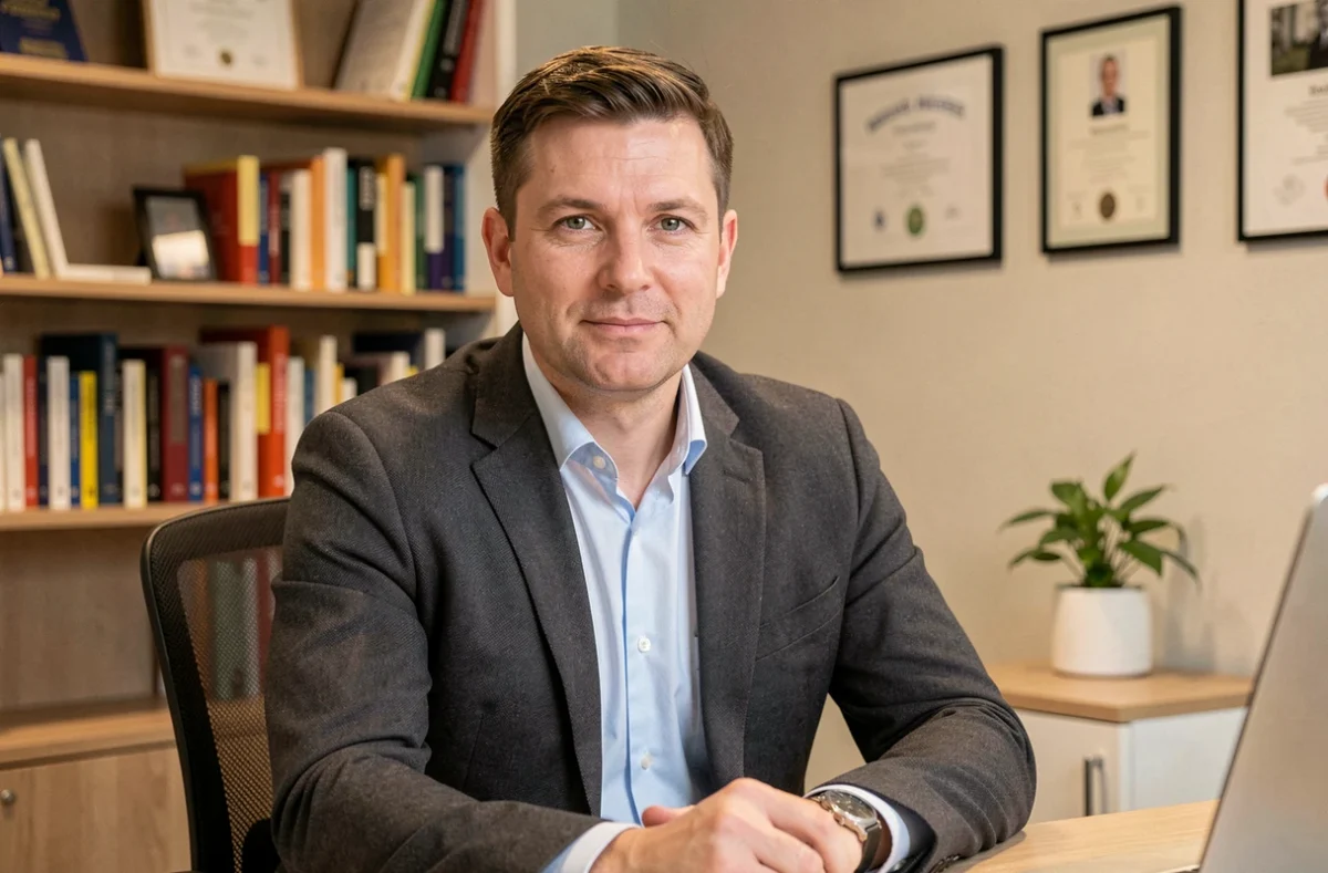 Thomas Flores, psychologue clinicien à Angers, assis à son bureau avec une expression attentive et professionnelle