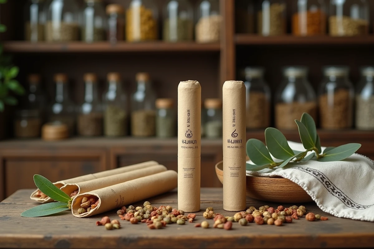 Gros plan de plusieurs yadom thaïlandais posés sur une table en bois avec des herbes séchées dans une pharmacie traditionnelle